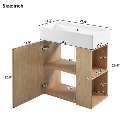 The Modern Floating Bathroom Vanity With Ceramic Basin is perfect for small bathrooms, featuring a white sink, open shelves, and a left-side door. Dimensions for the sink, shelves, and cabinet height/width are shown in inches.