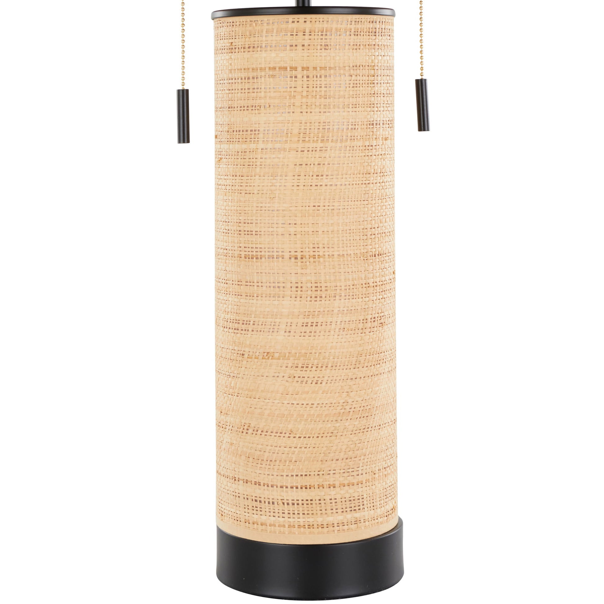 The Cylinder - Rattan Contemporary Rattan Table Lamp features a woven rattan-style cylindrical shade, a sleek black base, and two pull chains for easy on/off operation.