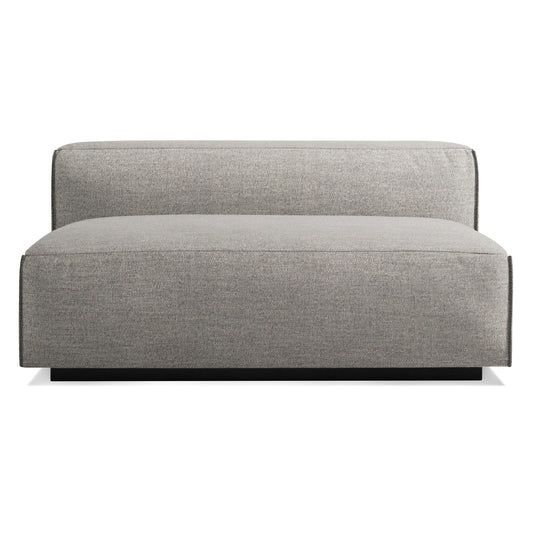 The Cleon Unarmed Sofa in Tait Charcoal features a modern, armless design with boxy lines and charcoal upholstery, displayed against a plain white background.