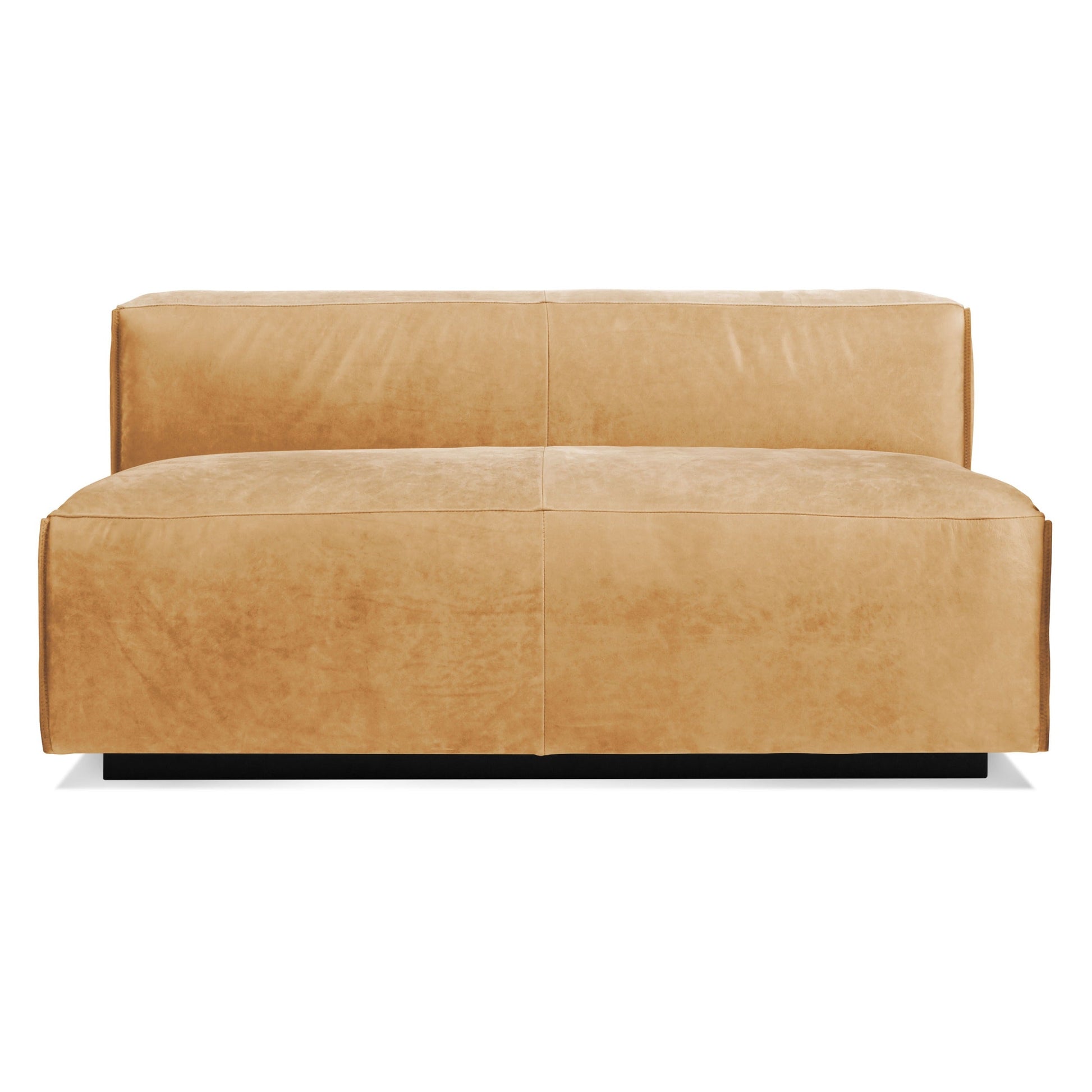 The Cleon Leather Unarmed Sofa in camel leather features a modern armless design with clean, boxy lines and a low black base, shown from the front against a white background.