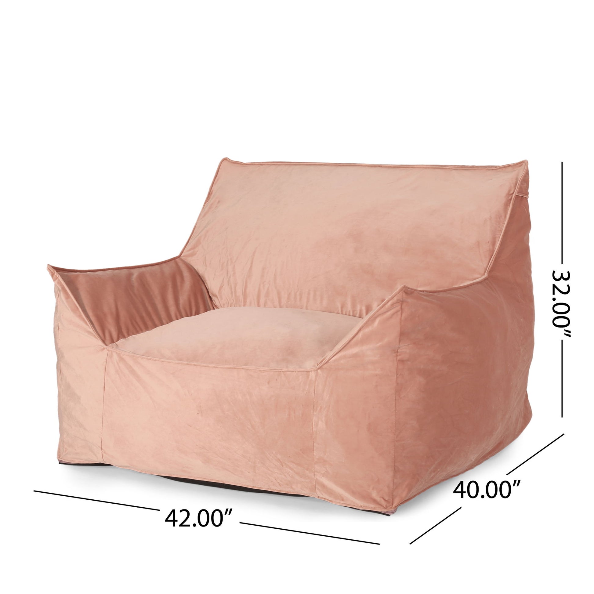 The Allea Bean Bag Chair With Armrests features a soft, blush pink cover and a relaxed, cushioned design. Its dimensions are 42" wide, 40" deep, and 32" high.