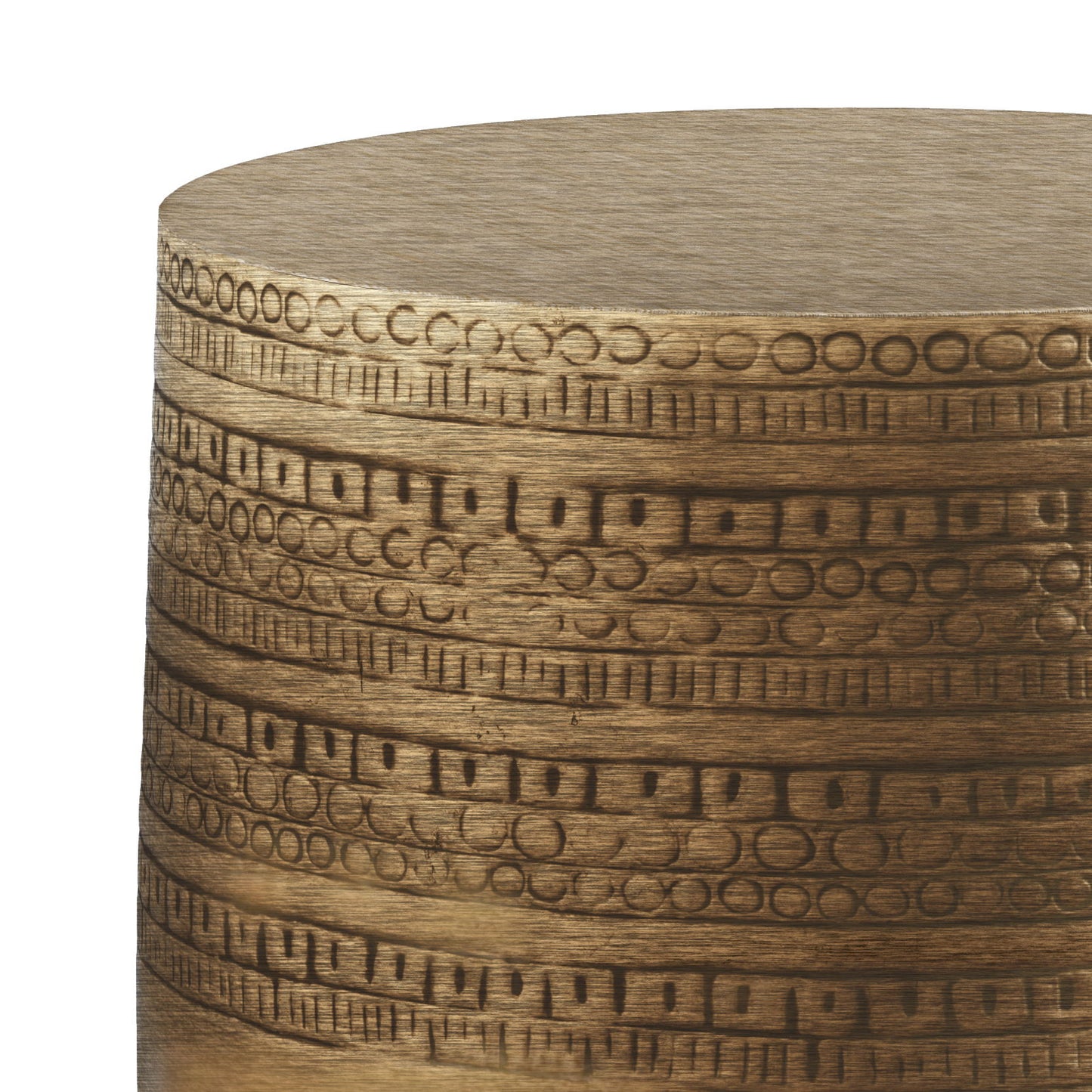 A close-up of the Johnsen - Handcrafted Large Metal Accent Table, featuring a cylindrical metallic gold body with raised geometric bands of circles and lines wrapping horizontally around its surface.