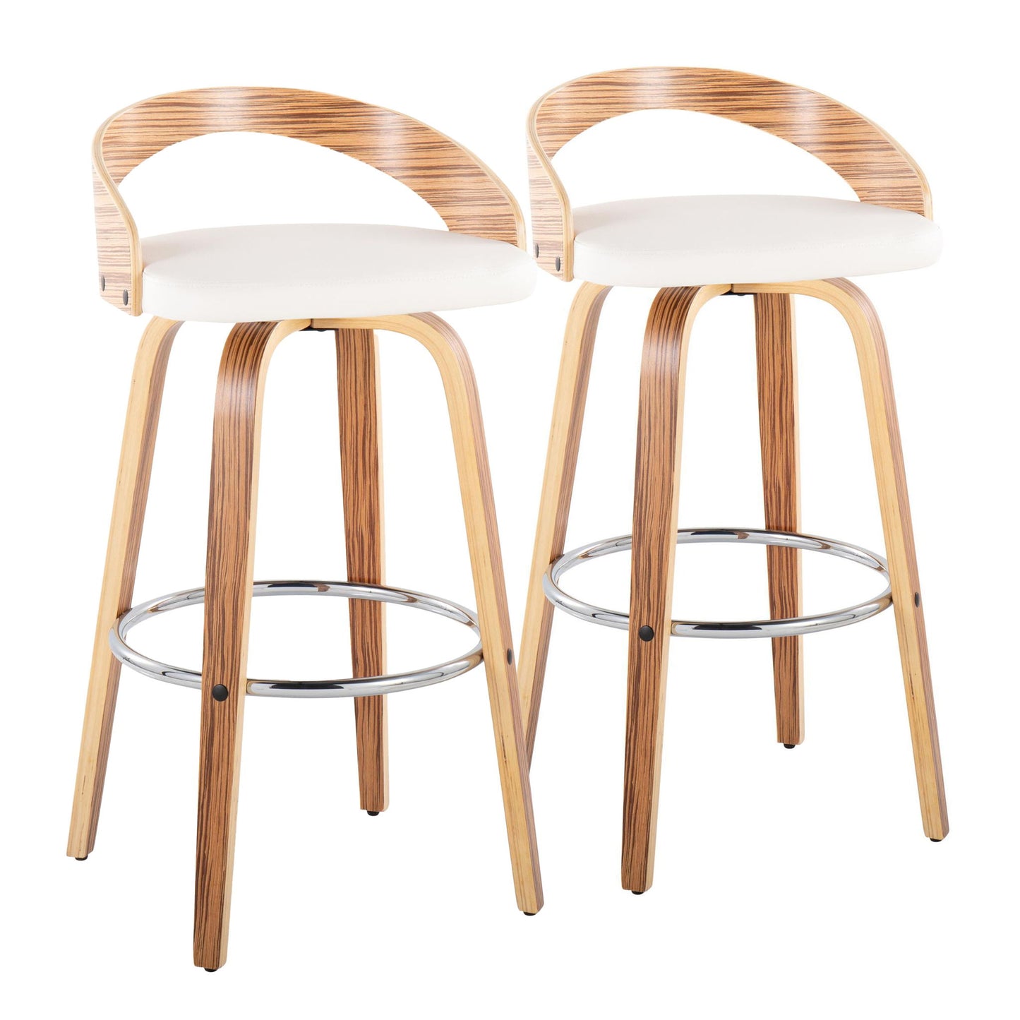 The Grotto Contemporary Fixed Height Barstools (Set of 2) feature swivel seats, curved wooden backs, white cushions, wooden legs, and round chrome footrests, shown side by side against a white background.