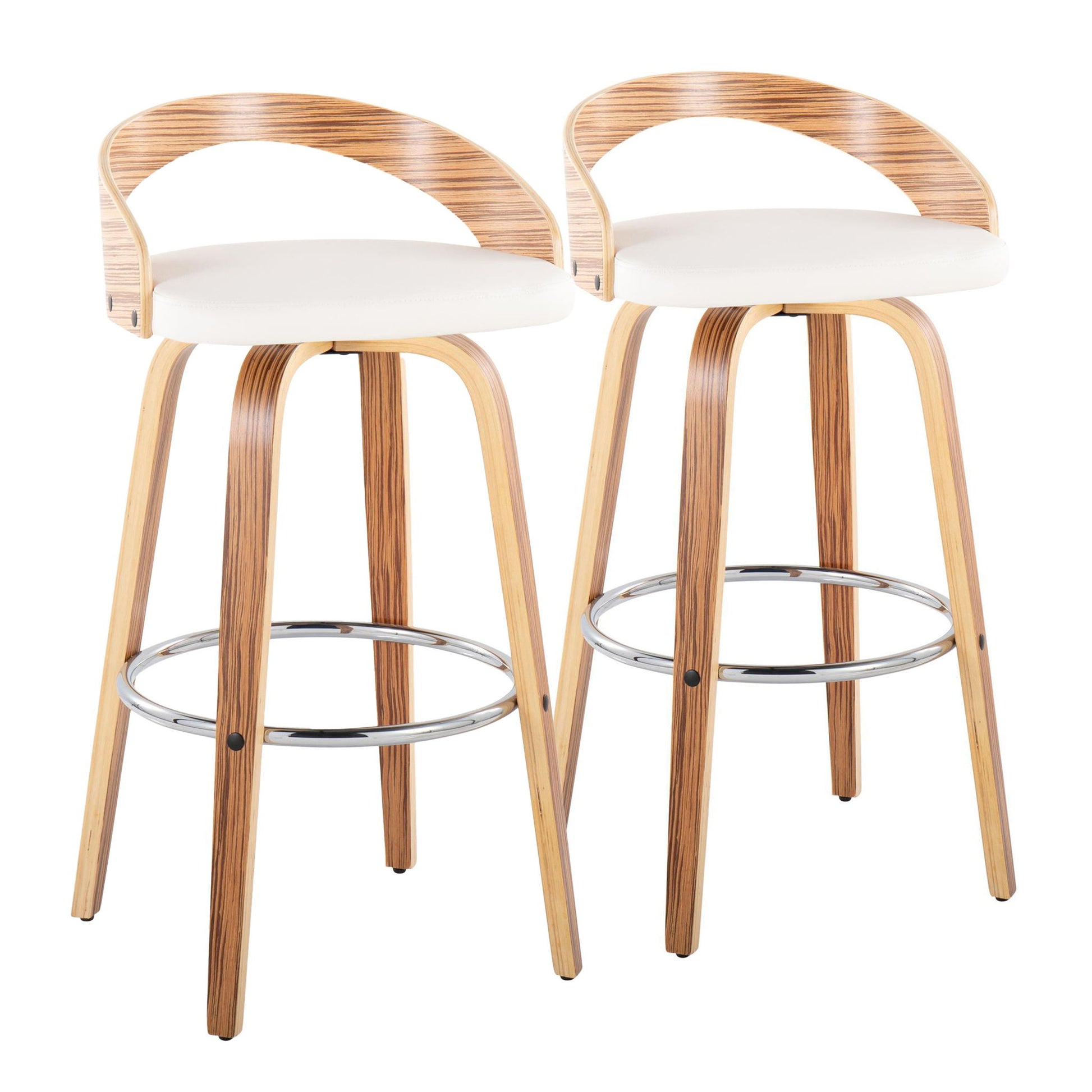 The Grotto Contemporary Fixed Height Barstools (Set of 2) feature swivel seats, curved wooden backs, white cushions, wooden legs, and round chrome footrests, shown side by side against a white background.