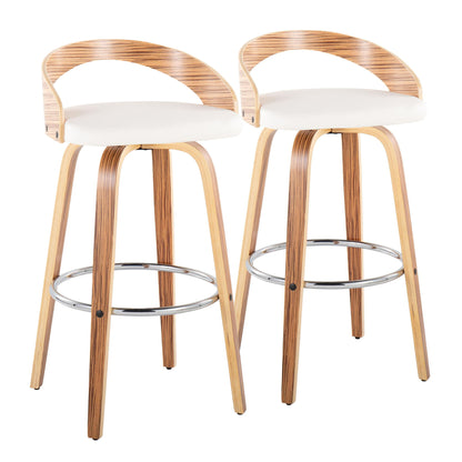 The Grotto Contemporary Fixed Height Barstools (Set of 2) feature swivel seats, curved wooden backs, white cushions, wooden legs, and round chrome footrests, shown side by side against a white background.