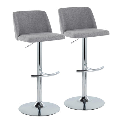 Set of 2 Toriano Contemporary Adjustable Barstools with swivel seats, light gray upholstery, chrome-finished rounded T footrests and bases, displayed side by side on a white background.