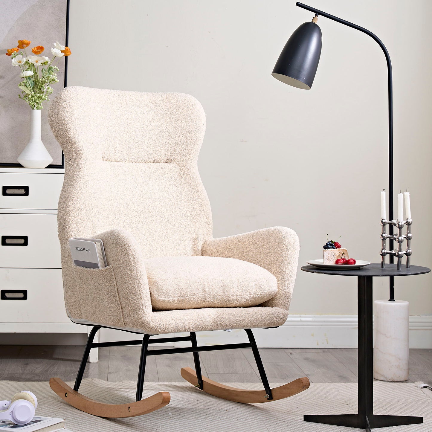 Modern Teddy Fabric Rocking Chair With High Backrest And Armrests Lounge Accent Chair For Living Room - Beige