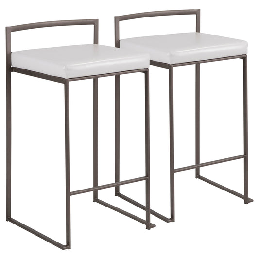 The Fuji Industrial Stackable Counter Stools feature elegant, minimalist design with white cushioned square seats, black metal frames, and open rectangular backrests.