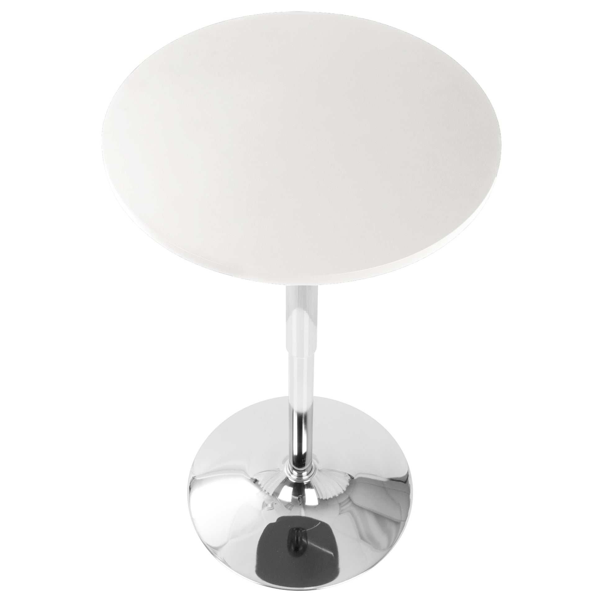 The Adjustable Contemporary Bar Table - White features a round white tabletop with a glossy finish and a single chrome pedestal base, showcasing a modern, minimalist design as seen from above.