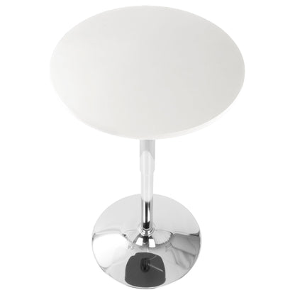 The Adjustable Contemporary Bar Table - White features a round white tabletop with a glossy finish and a single chrome pedestal base, showcasing a modern, minimalist design as seen from above.