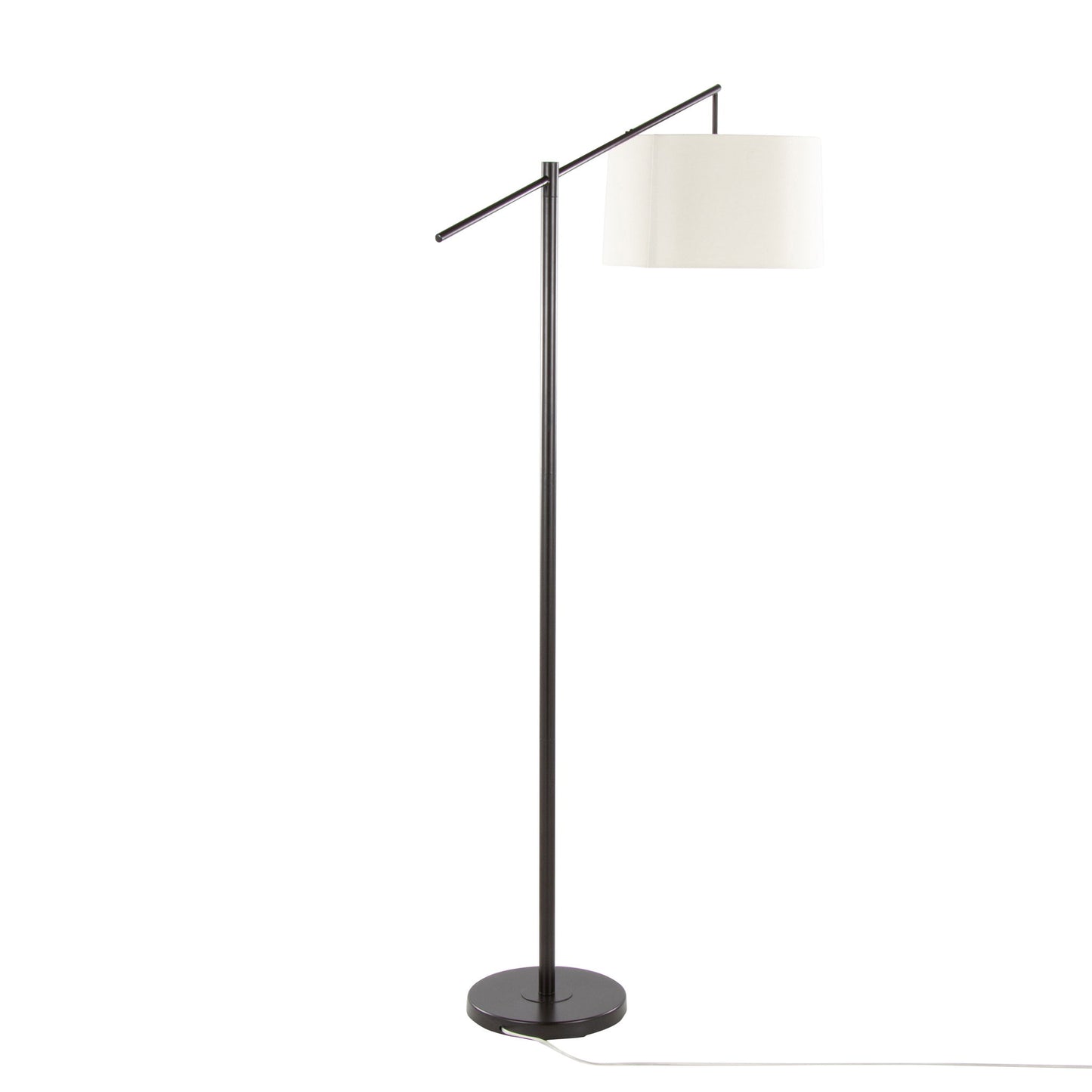 The Casper - Contemporary Floor Lamp features a slender black metal stand, round base, and an off-white cylindrical shade suspended from a horizontal arm, with a white power cord extending from the base.