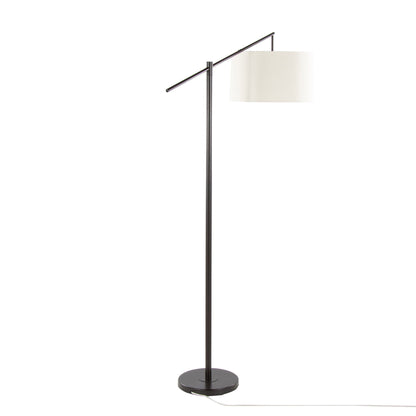 The Casper - Contemporary Floor Lamp features a slender black metal stand, round base, and an off-white cylindrical shade suspended from a horizontal arm, with a white power cord extending from the base.