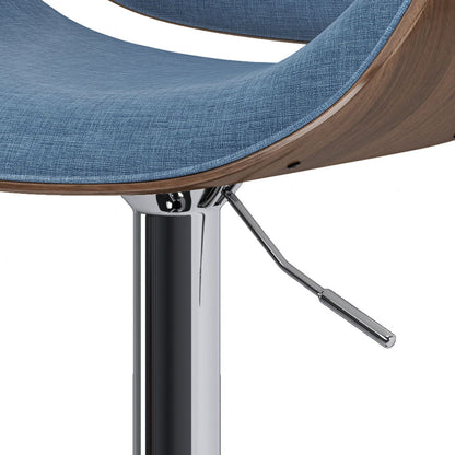Close-up of the Marana Bentwood Adjustable Swivel Bar Stool in blue linen, featuring a chrome adjustable lever and shiny metal base.