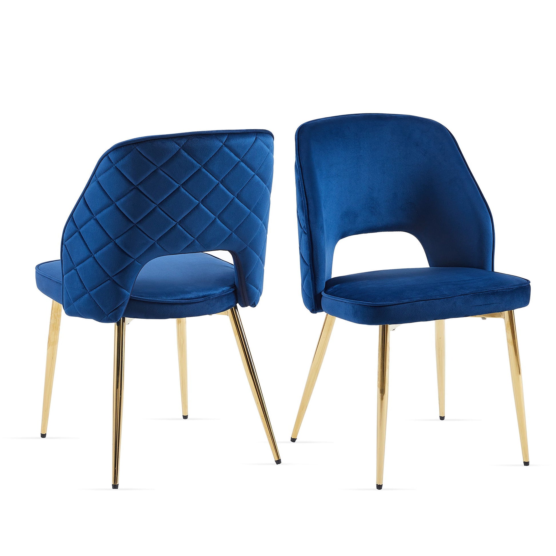 Set of two Velvet Dining Chairs With Metal Legs And Hollow Back, featuring blue velvet upholstery, diamond-patterned stitched backrests, and gold metal legs; shown from front and back views.