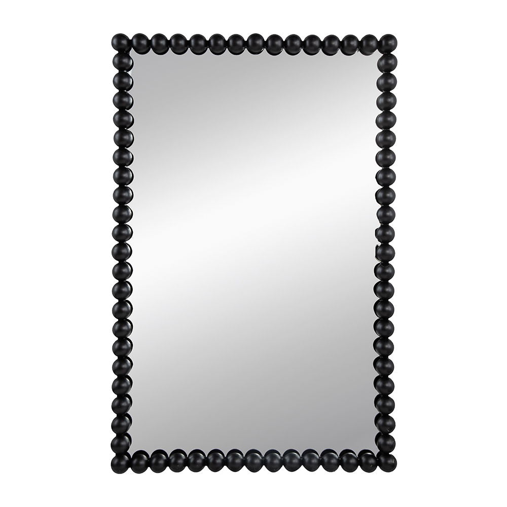 The Rectangle Mirror features a clear surface and a black frame adorned with evenly spaced, round beads on all four edges. Perfect as a wall mirror for your living room, bedroom, or entryway against a plain white background.