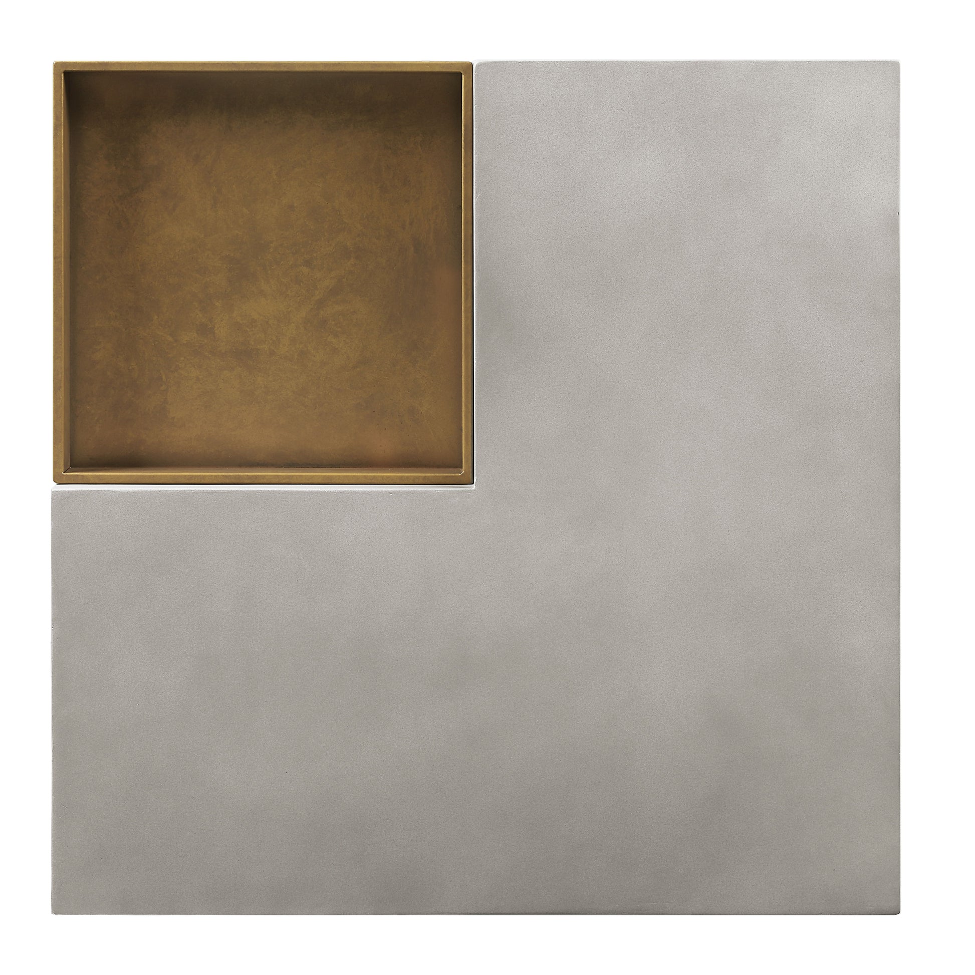 The Kailano - Weathered Table - Gray features a modern, minimalist square design with a metallic surface and an inset gold-toned tray in the upper left corner, offering clean, geometric style.