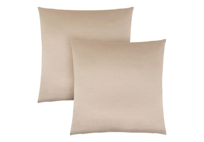 Two modern square decorative throw pillows with inserts, hypoallergenic and light beige, overlap on a white background.