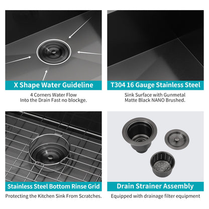 Modern Undermount Stainless Steel Kitchen Sink 16 Gauge, Deep Single Bowl