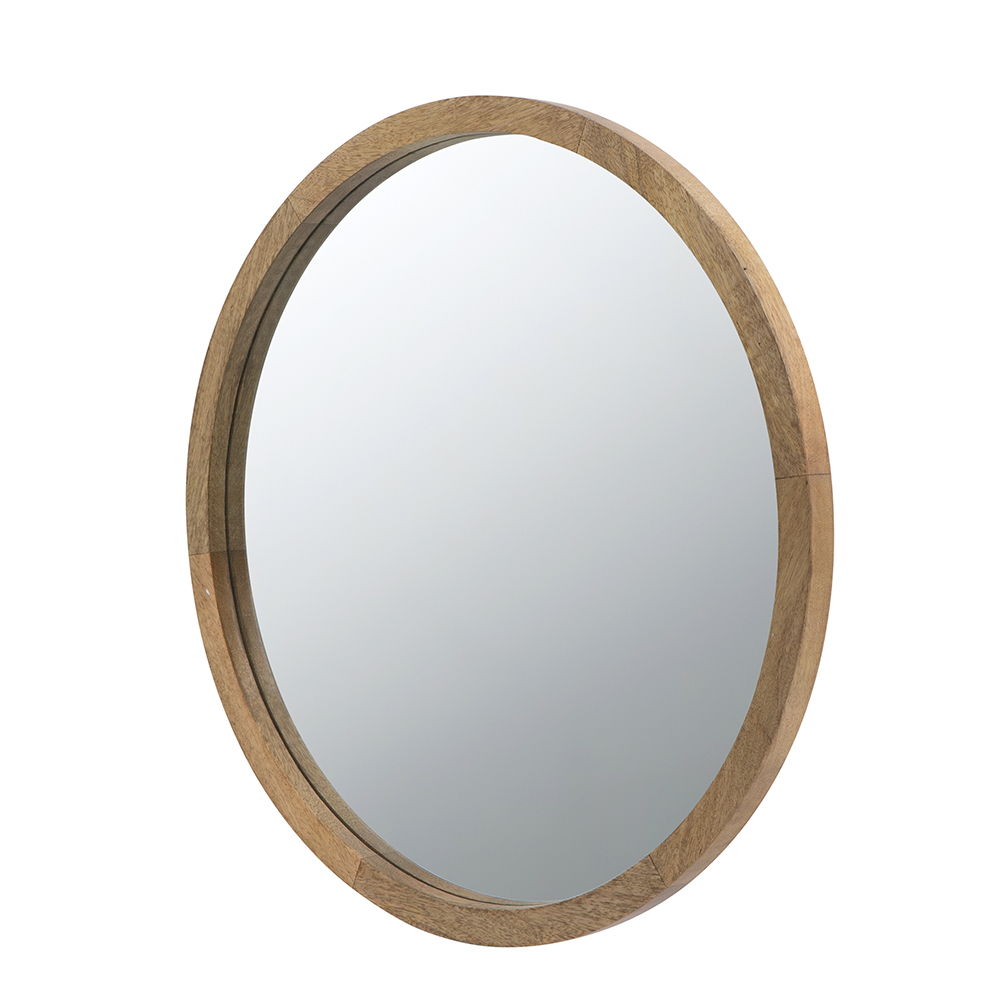 The Circle Wall Mirror With Wooden Frame, Wall Mirror For Living Room is shown at a slight angle against a white background, with its simple wooden frame and reflective surface suggesting indoor use.