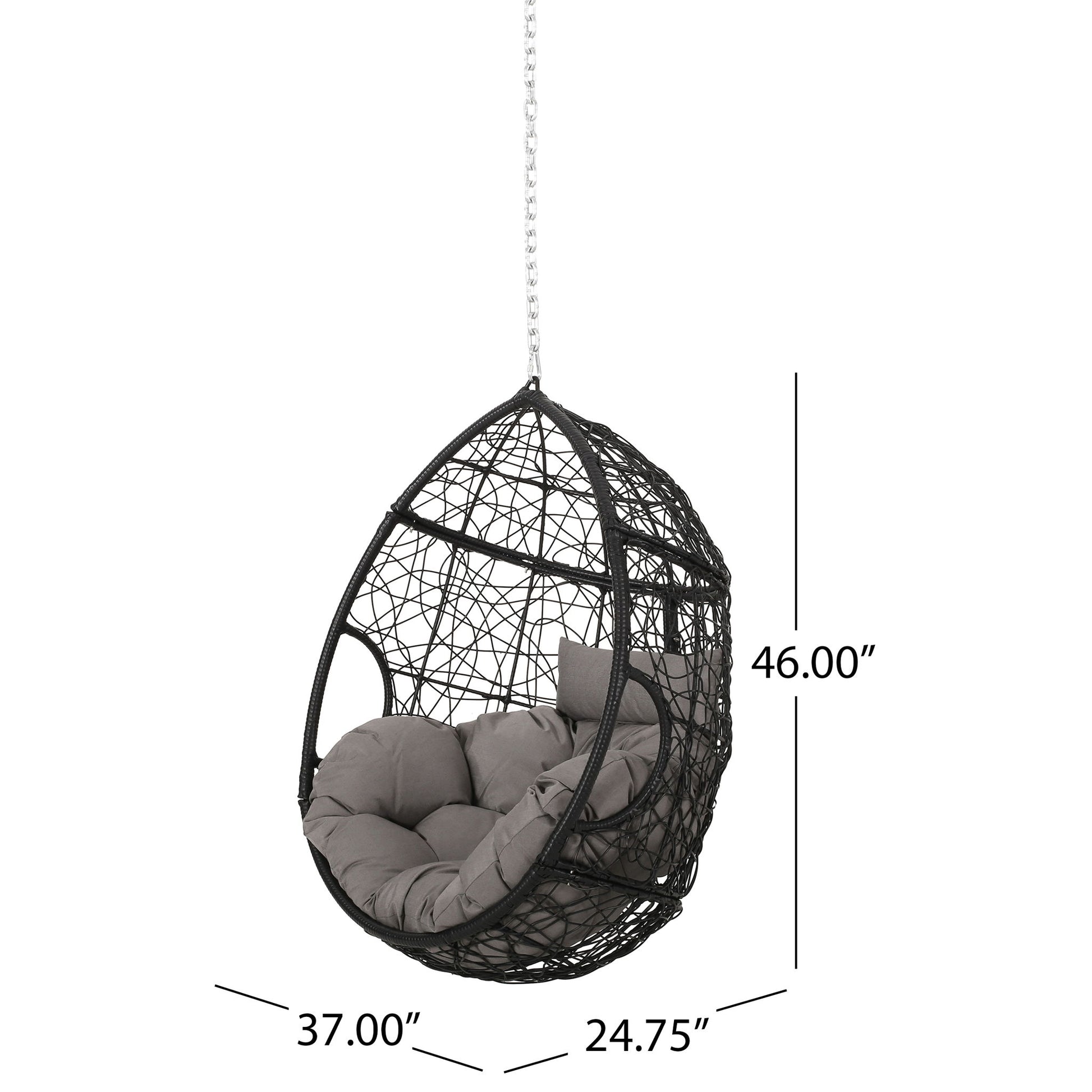 The Teardrop - Hanging Chair With 8Ft Chain is a black woven hanging chair with gray cushions, measuring 46"H x 37"W x 24.75"D, and is suspended by an included chain.