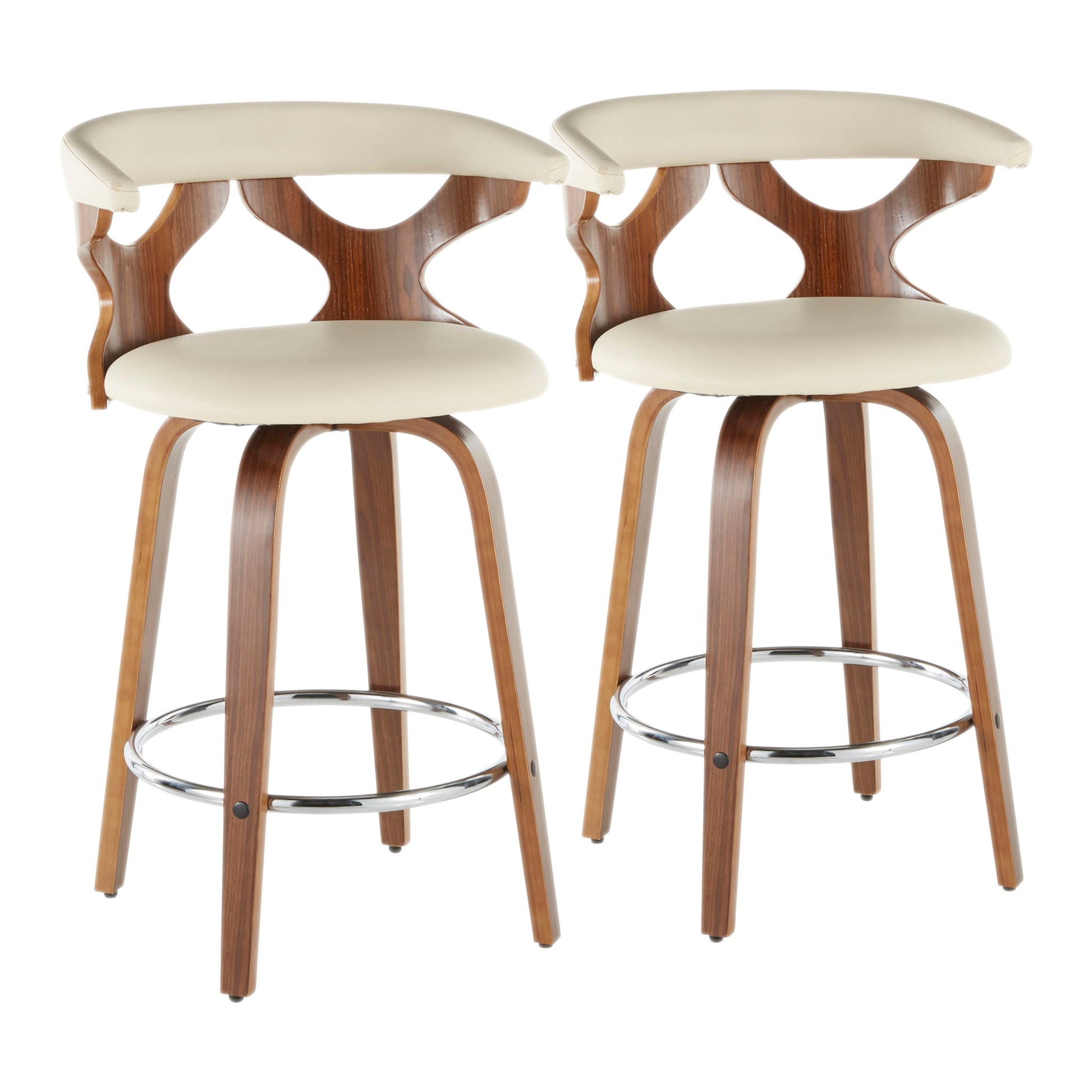 Set of 2 Gardenia Mid Century Modern Counter Stools featuring light beige cushioned seats and backs, curved wooden frames, and chrome footrests, shown side by side on a white background.