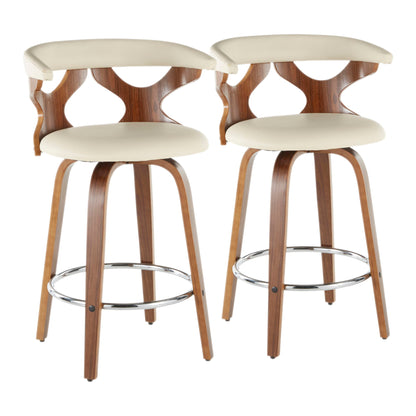 Set of 2 Gardenia Mid Century Modern Counter Stools featuring light beige cushioned seats and backs, curved wooden frames, and chrome footrests, shown side by side on a white background.