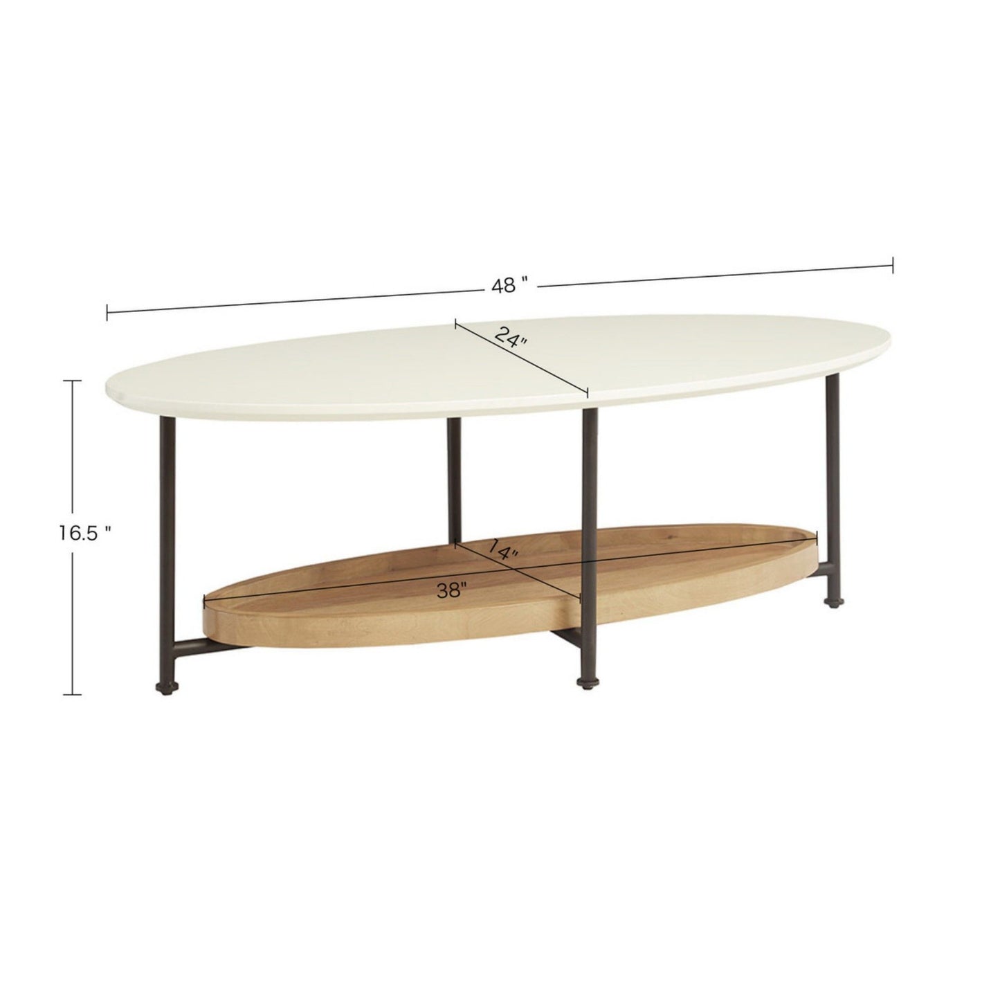 Oval Coffee Table With Metal Legs - White / Natural features a 48"L x 24"W x 16.5"H oval top, a wooden shelf (38"L x 14"W), and black metal legs. Measurements are indicated with arrows.
