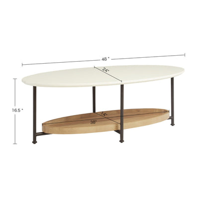 Oval Coffee Table With Metal Legs - White / Natural features a 48"L x 24"W x 16.5"H oval top, a wooden shelf (38"L x 14"W), and black metal legs. Measurements are indicated with arrows.