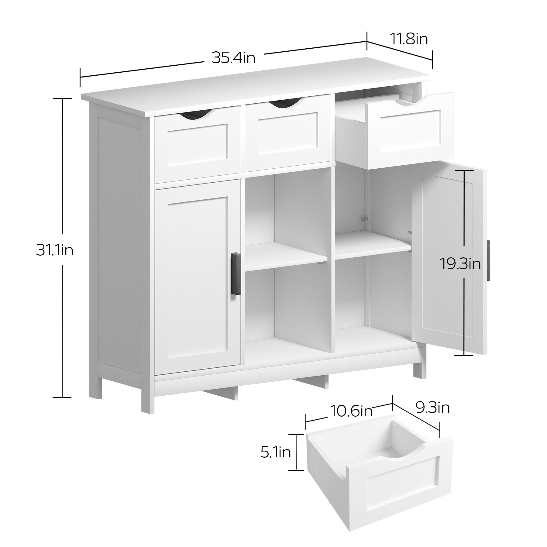 The wooden floor storage cabinet features two small drawers (10.6"×9.3"×5.1"), two doors (19.3"H), adjustable shelves, and measures 35.4"W × 31.1"H × 11.8"D—ideal accent for living room, bedroom, or bathroom decor.