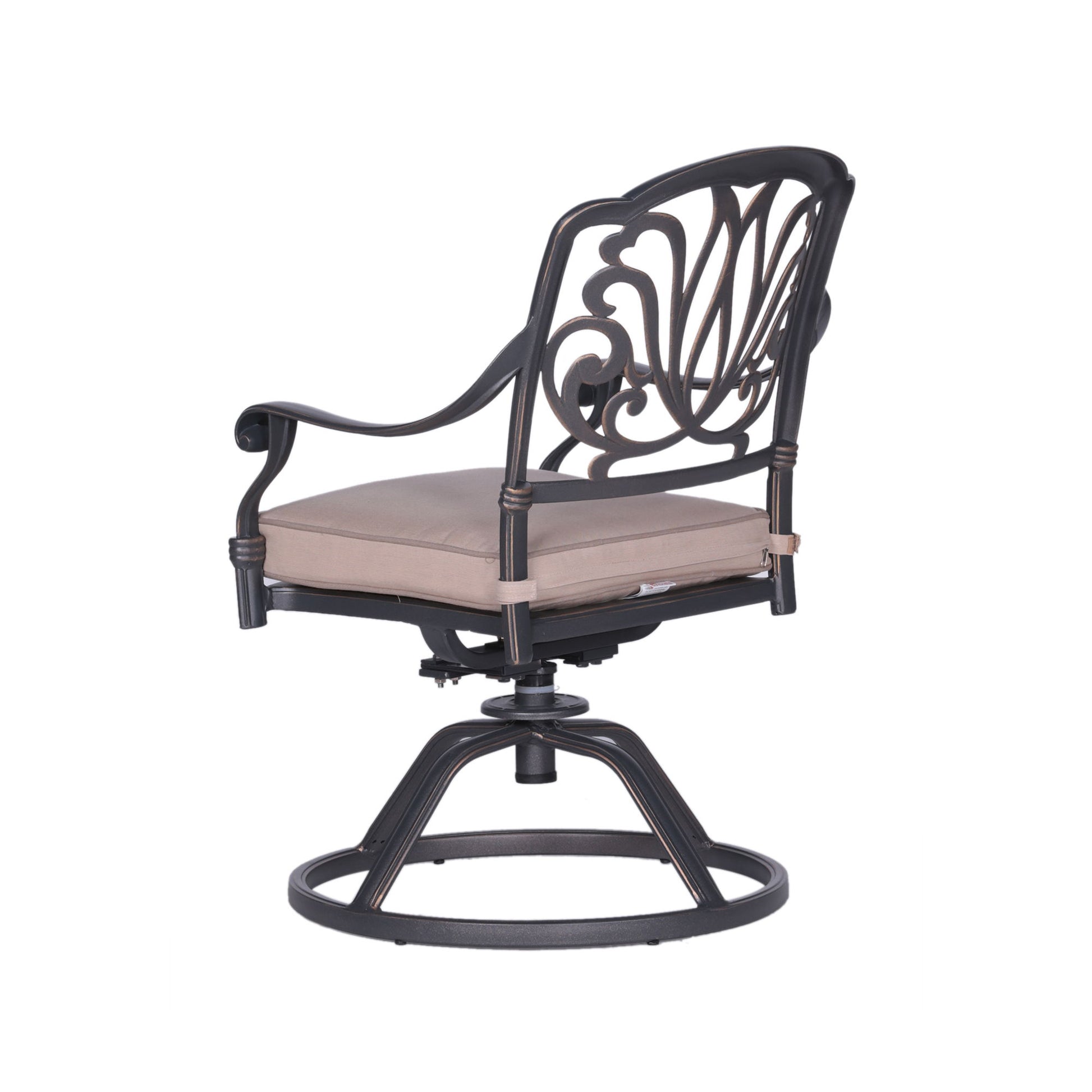 A Square 8 Person 64" Long Aluminum Dining Set with Cushions in black, featuring ornate backrest designs, curved armrests, and beige cushioned seats, is displayed against a white background.