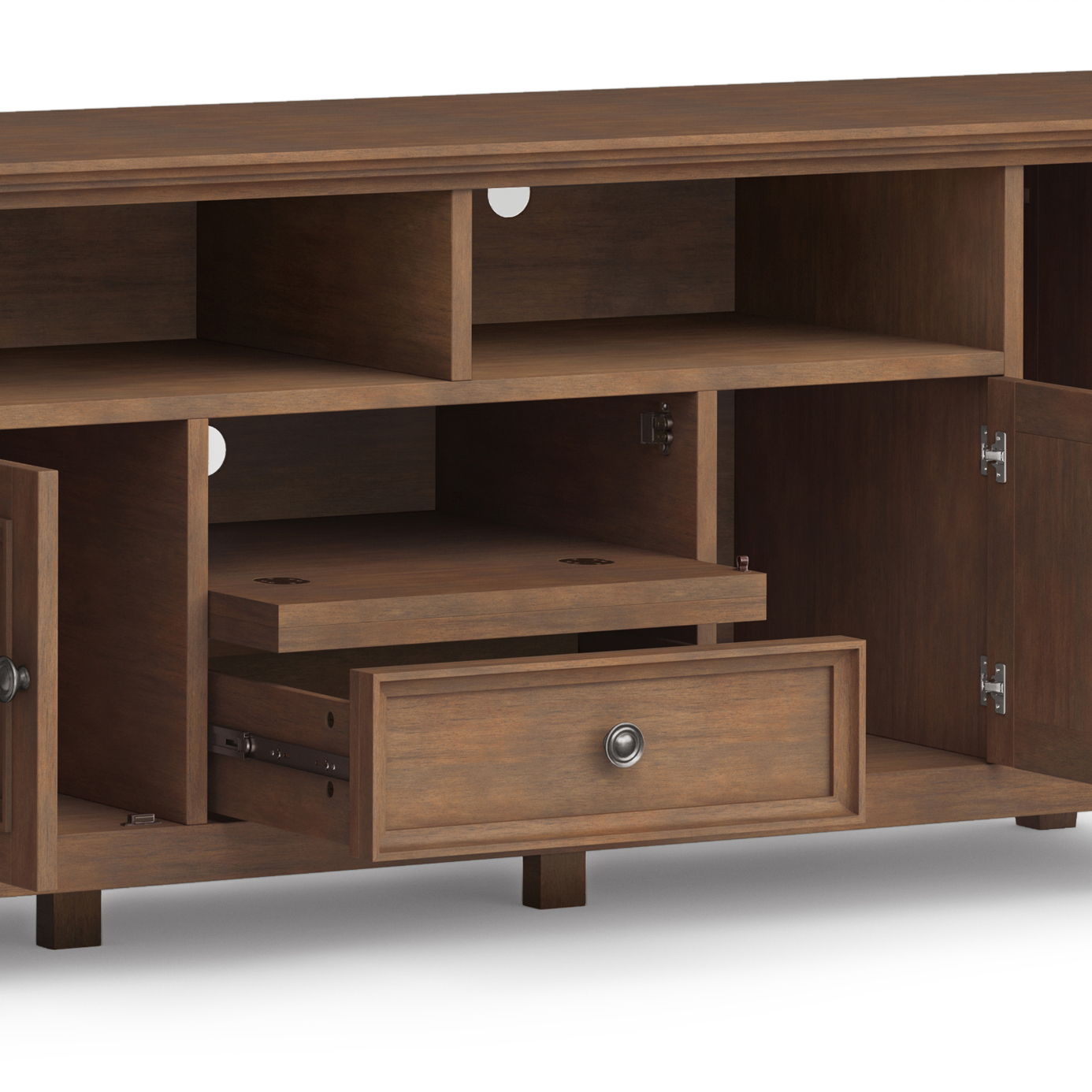 The Amherst Wide TV Media Stand in Rustic Natural Aged Brown features open shelves, two side cabinets, a central drawer, and back panel cutouts for cable management—pictured with doors and drawer open.