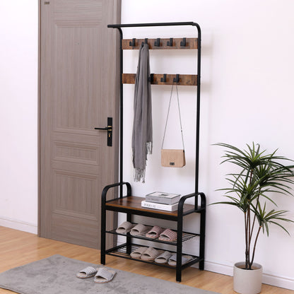 A Hall Tree With Shoe Bench For Entryway with 9 removable hooks holds a gray scarf and small bag, features shelves with slippers, a bench, books, a potted plant, and has a closed wooden door in the background.