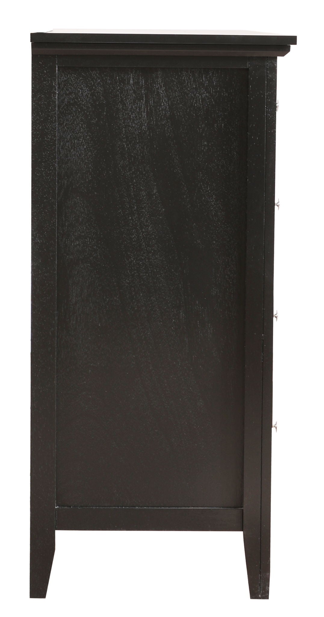 The Elegant Casual Dresser For Any Room is shown from the side in black wood, featuring a flat panel and a partial view of drawer handles on the right edge.