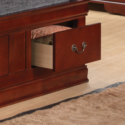 A close-up of the Louis Phillipe - Bookcase Storage Bed shows a wooden drawer partially open with a folded blanket inside, placed on a light-colored floor beside a beige rug.