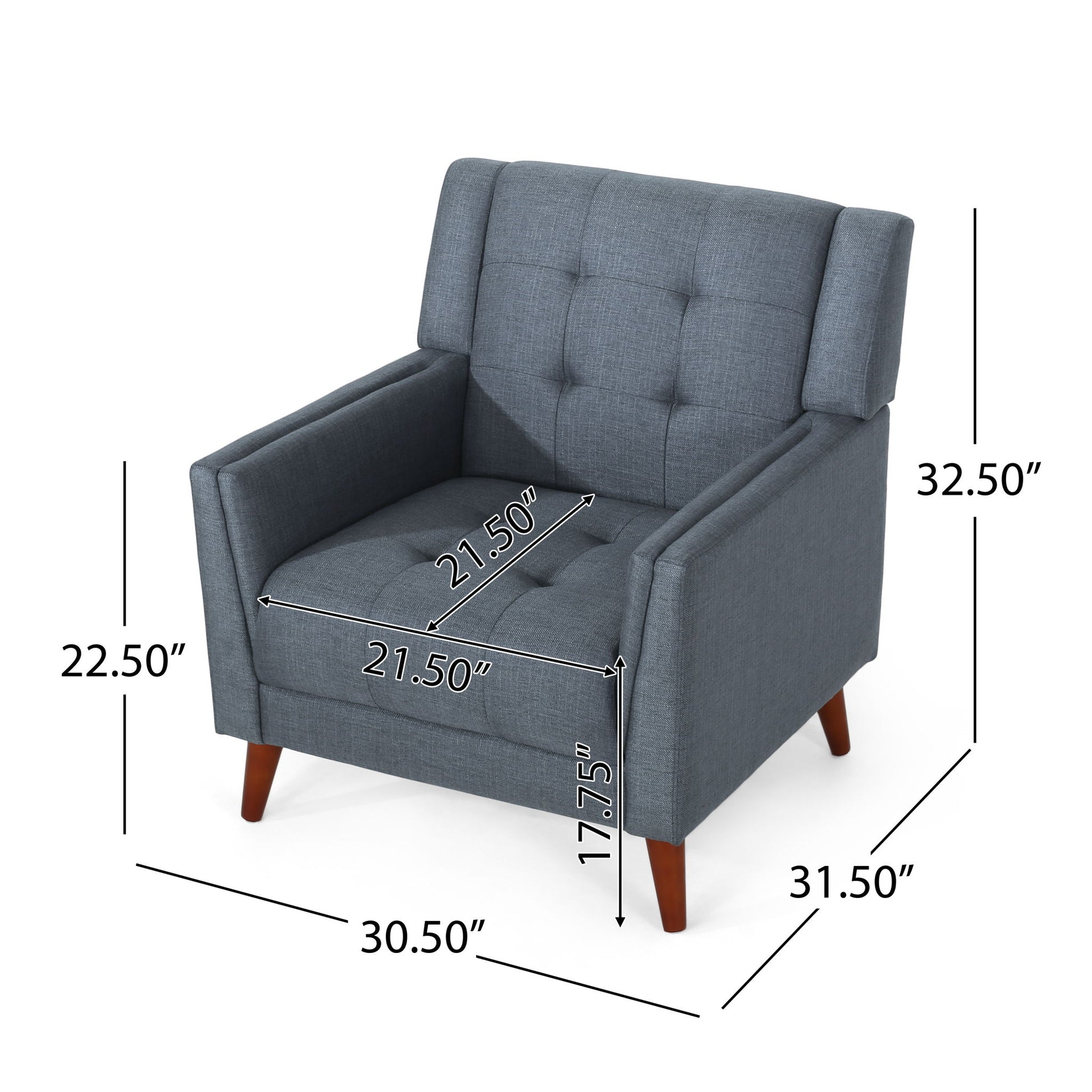 The Luminaesque Fabric Upholstered Armchair features a tufted back and seat, wooden legs, and measures 32.5"H x 31.5"D x 30.5"W with a seat height of 17.25", arm height of 22.5", and seat width of 21.5".