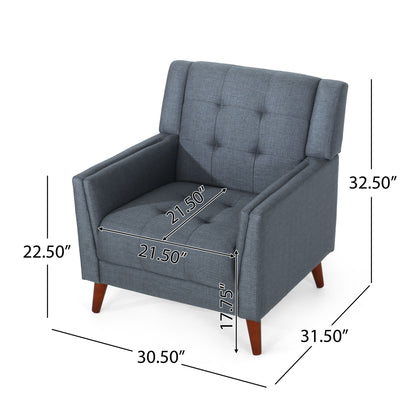 The Luminaesque Fabric Upholstered Armchair features a tufted back and seat, wooden legs, and measures 32.5"H x 31.5"D x 30.5"W with a seat height of 17.25", arm height of 22.5", and seat width of 21.5".
