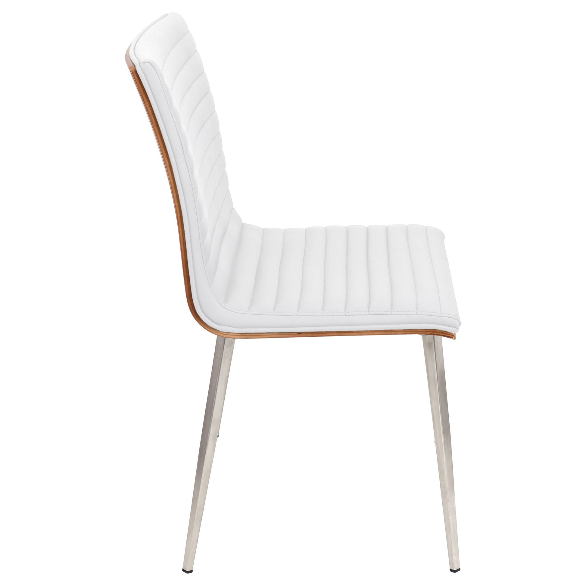 The Mason - Contemporary Dining Chair (Set of 2) With Swivel features a white, ribbed cushioned seat and backrest, wooden edge trim, and slim metal legs; shown in side profile against a white background.