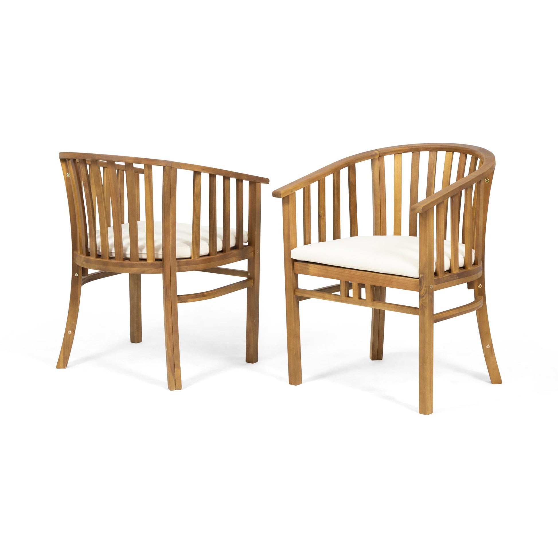 Set of 2 Outdoor Wooden Dining Chairs with light-colored cushions, curved backs, and vertical slats. One chair is shown from the back and one from the front, both on a white background.