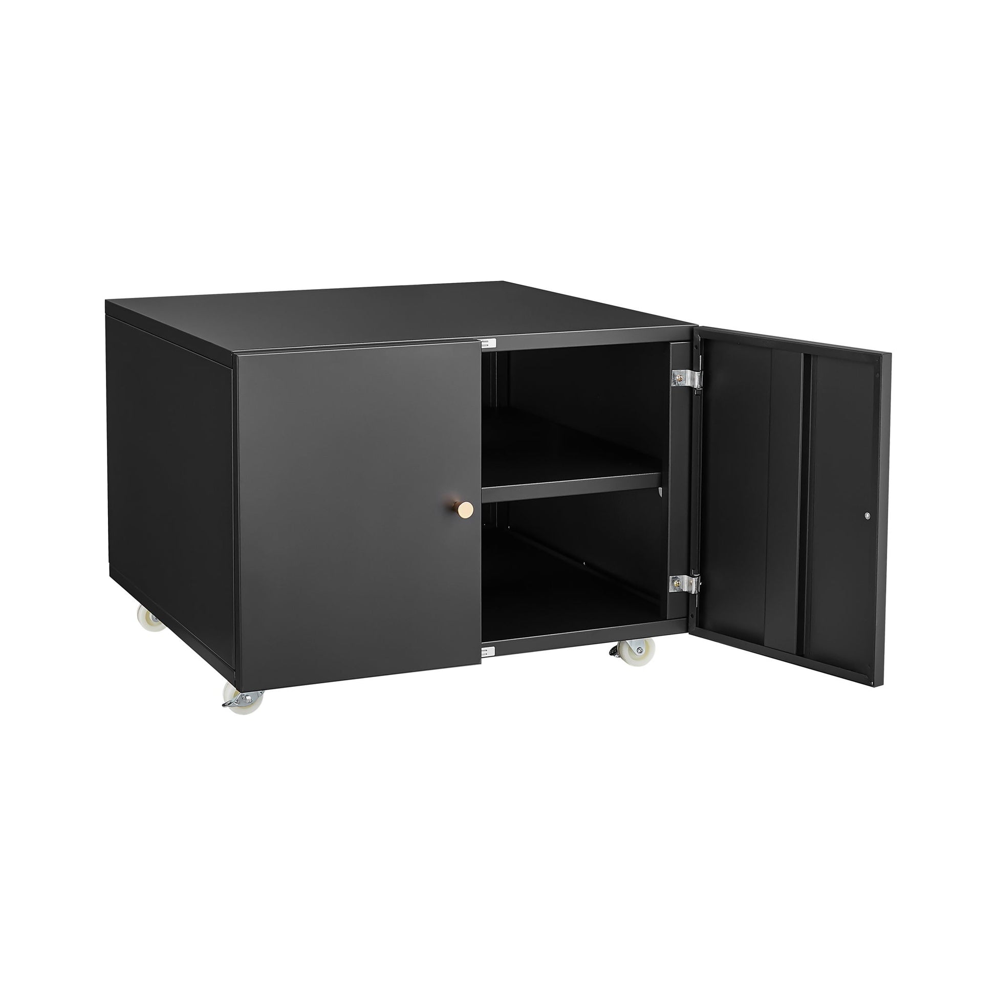 The Office Furniture Copier Cabinet is a black, metal, mobile pedestal file and printer stand with two doors (one open), revealing two interior shelves and a small round handle.