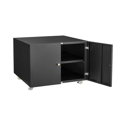The Office Furniture Copier Cabinet is a black, metal, mobile pedestal file and printer stand with two doors (one open), revealing two interior shelves and a small round handle.