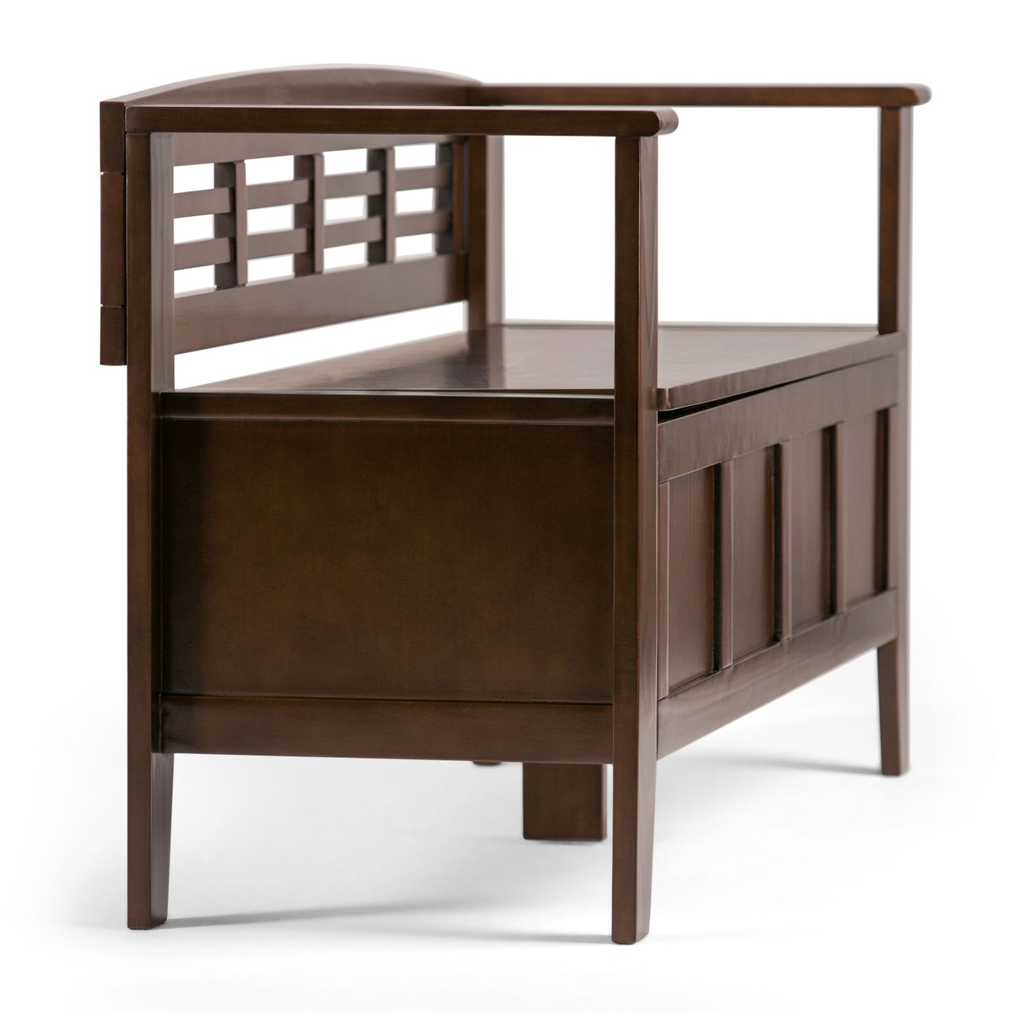 The Adams Entryway Storage Bench is handcrafted with a dark, polished wooden finish, armrests, and a slatted geometric backrest. The seat lifts to reveal hidden storage underneath.