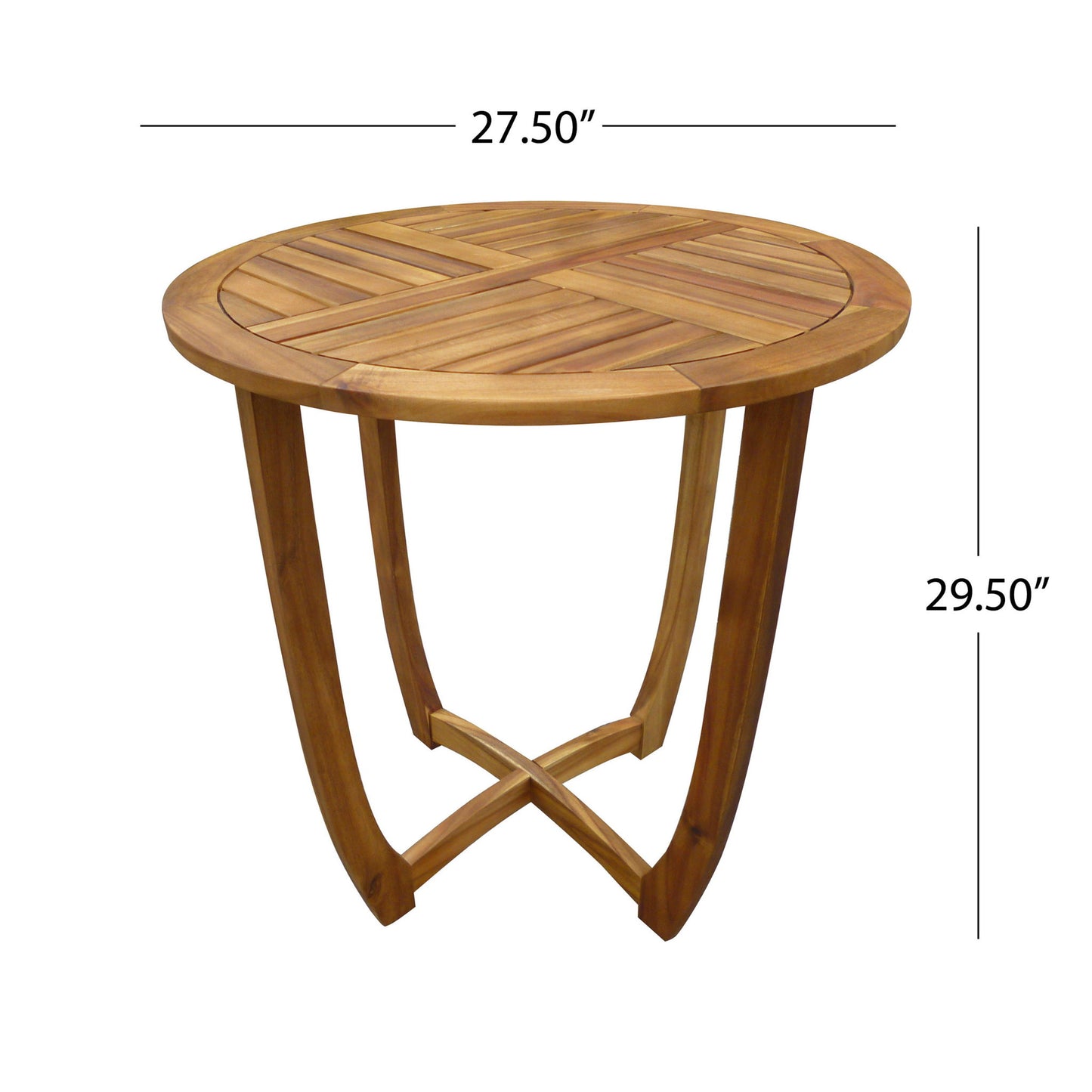 Outdoor Circular Wood Bistro Table with curved legs, a slat panel top, and crisscross base support in teak. Measures 27.5" wide by 29.5" tall—ideal for stylish outdoor dining or gatherings.