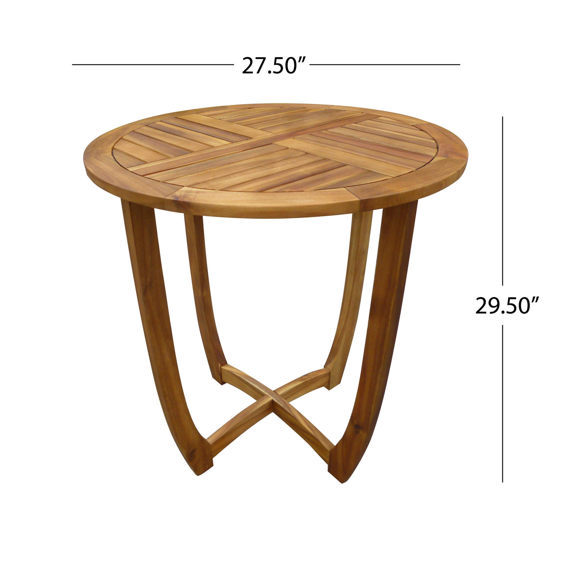 Outdoor Circular Wood Bistro Table with curved legs, a slat panel top, and crisscross base support in teak. Measures 27.5" wide by 29.5" tall—ideal for stylish outdoor dining or gatherings.