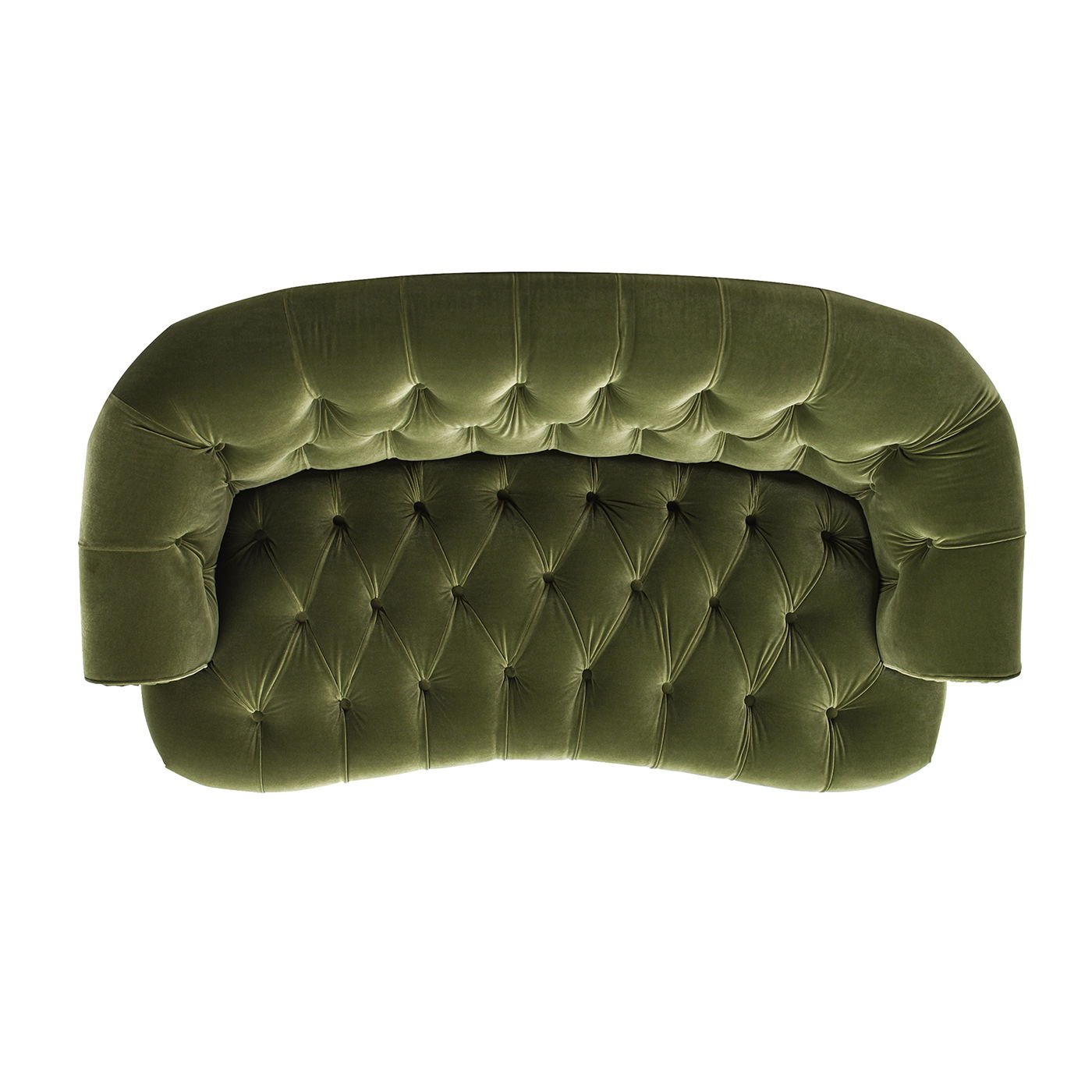 Top-down view of the La Rosa - Victorian Chesterfield Loveseat in green velvet, featuring a curved backrest, rounded arms, and deep button tufting for a luxurious, textured look.