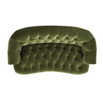 Top-down view of the La Rosa - Victorian Chesterfield Loveseat in green velvet, featuring a curved backrest, rounded arms, and deep button tufting for a luxurious, textured look.