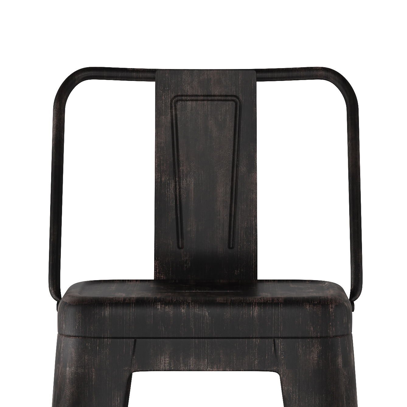 A close-up of the Rayne - Curved Back Metal Stool (Set of 2) features a dark, vintage design with a rectangular backrest, horizontal bar, and simple seat, set against a white background.