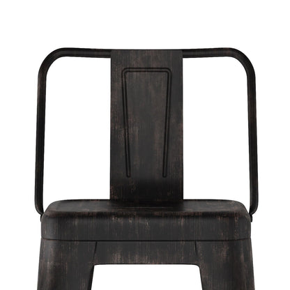 A close-up of the Rayne - Curved Back Metal Stool (Set of 2) features a dark, vintage design with a rectangular backrest, horizontal bar, and simple seat, set against a white background.