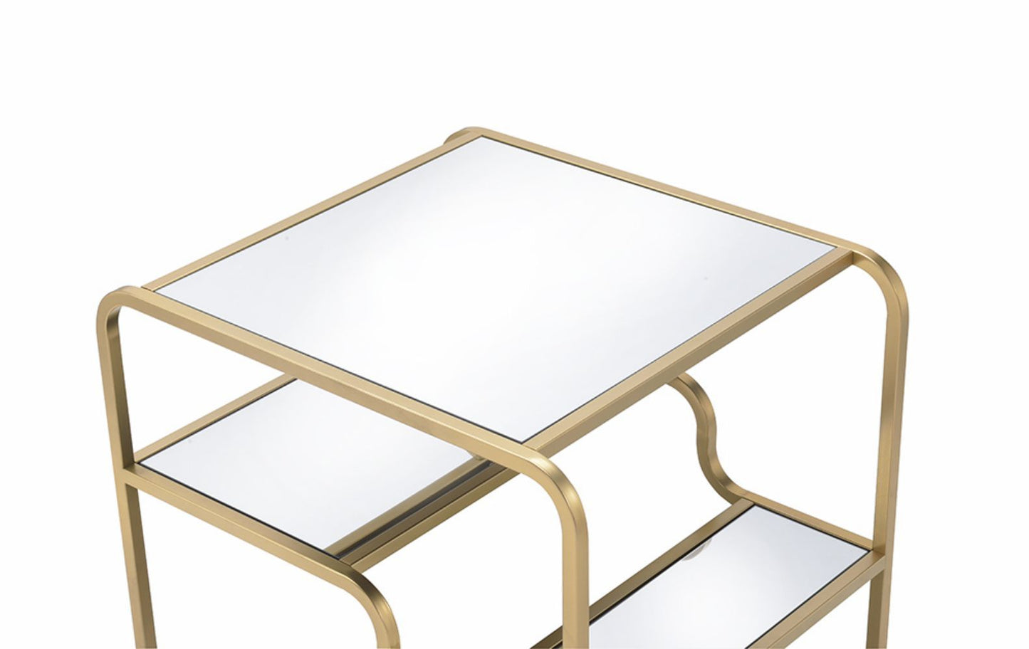 A close-up view of the Astrid - Mirrored Table, a modern two-tiered side table featuring a gold metal frame and mirrored glass shelves, photographed against a white background.