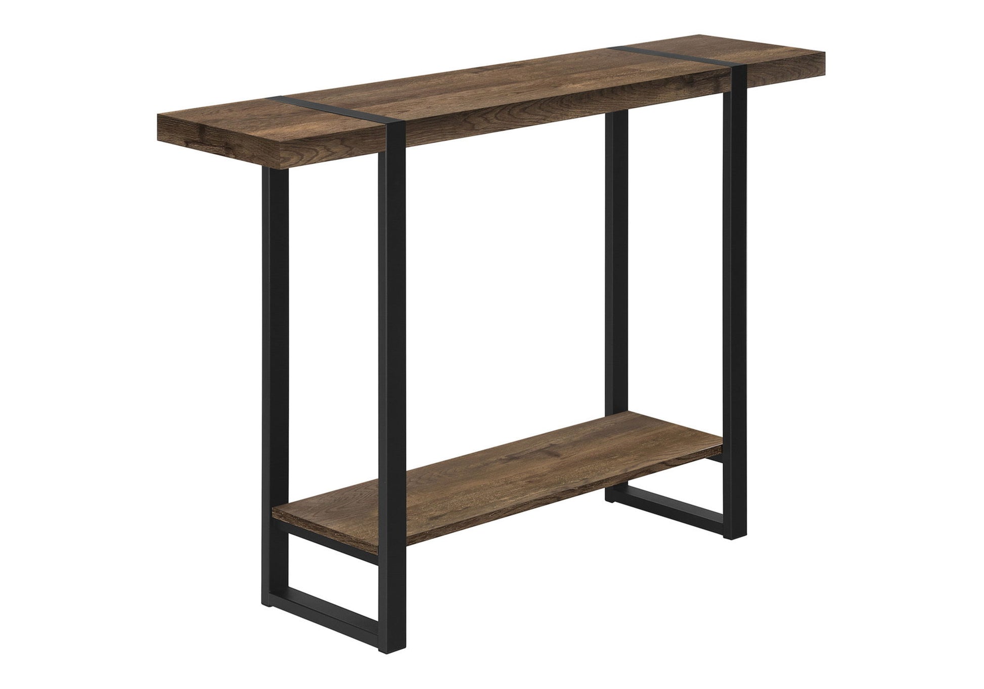 The Accent Console Table For Entryway features a dark wooden top and lower shelf, complemented by a sleek black metal frame for a modern look.