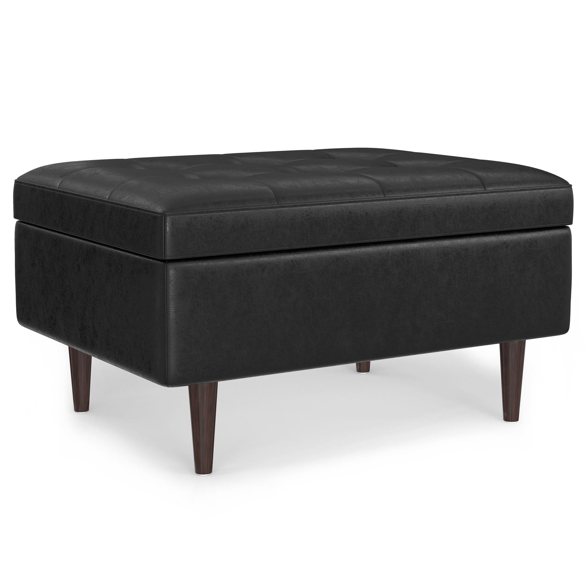 The Shay Large Square Coffee Table Storage Ottoman features a black, tufted, cushioned top and wooden legs in a mid-century style, displayed on a white background.